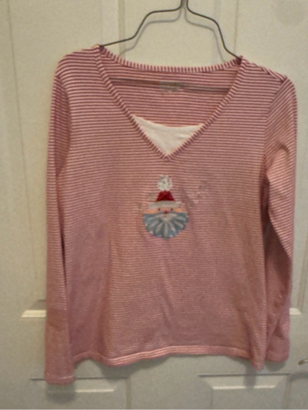 Holiday Editions Pink & White Striped Long-Sleeve Top with Santa Motif